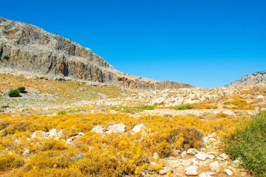 Rodos adasındaki dağ ve kayalarla kaplı vadi manzarası