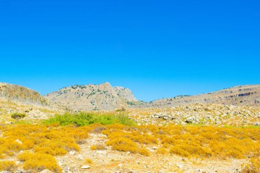 Rodos adasındaki dağ ve kayalarla kaplı vadi manzarası