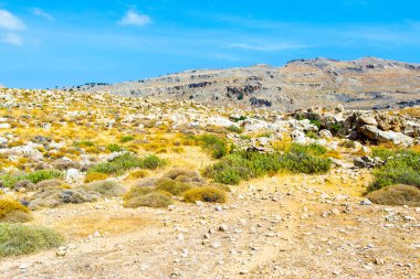 Rodos adasındaki dağ ve kayalarla kaplı vadi manzarası