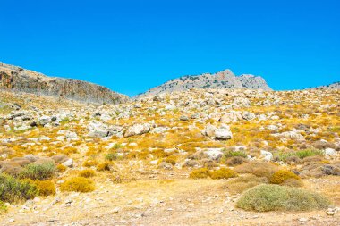 Rhodes Adası 'ndaki dağ ve kayalık plajlı güzel körfezin manzarası