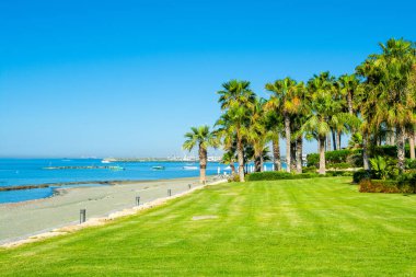 Limasol, Kıbrıs - 19 Mayıs 2021: Kıbrıs Rum Kesimi 'nin Akdeniz kıyılarındaki gündoğumu plaj manzarası 