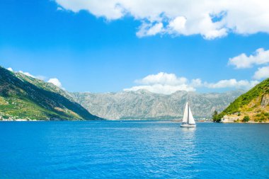 Kotor Körfezi kıyı şeridinin güzel bir yaz manzarası - Boka Körfezi, Karadağ