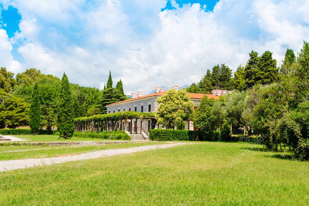 Landscape of the former summer residence Villa Milocer overlooks the Adriatic Sea with beautiful green Royal park