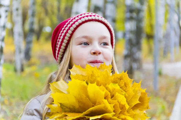 Meisje met boeket uit bladen in de rode hoed — Stockfoto