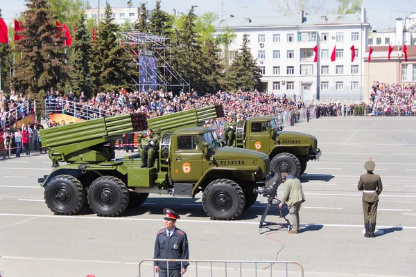 Russian military transport at the parade on annual Victory Day, — Stock Photo, Image