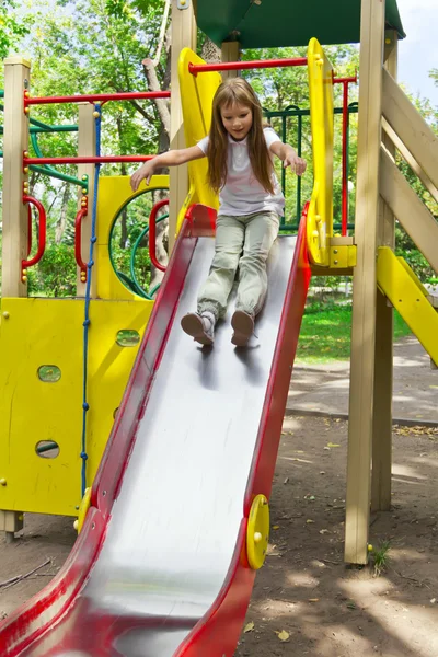 Active girl on nursery platform in summer — Stock Photo, Image