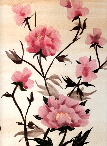 Chinese painting watercolor. Pink flowers — Stock Photo, Image