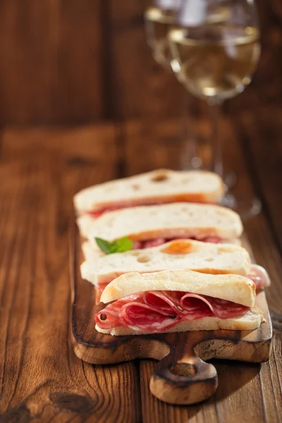 Cured Meat jamon sausage and ciabatta bread — Stock Photo, Image