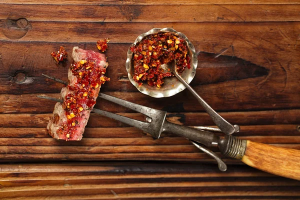 Beef steak Slice with chilli sauce — Stock Photo, Image