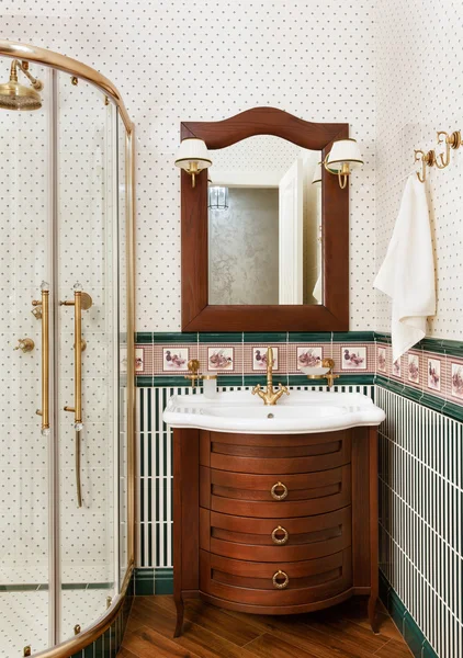 Wnętrze łazienki z prysznicem i umywalką — Zdjęcie stockowe