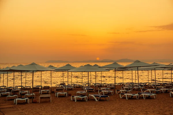 Sunset on the sea beach with sun loungers and parasols — Stock Photo, Image