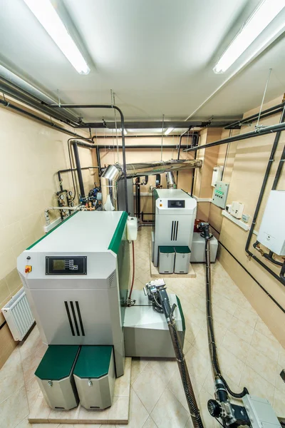 Interior boiler with two boilers with fuel from wood auger — Stock Photo, Image