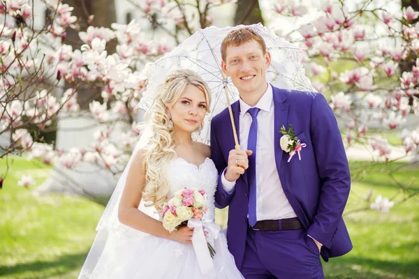 Portrait of a bride and groom in a park with white lace parasol — Stock Photo, Image
