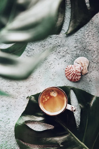 Taza Espresso Sobre Hojas Monstera Aplanado Con Conchas Mar Estilo —  Fotos de Stock