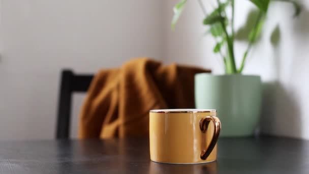 Šálek horkého čaje v moderní minimalistické kuchyni. Někdo je v kuchyni a jeho odraz se pohybuje po hrníčku., — Stock video