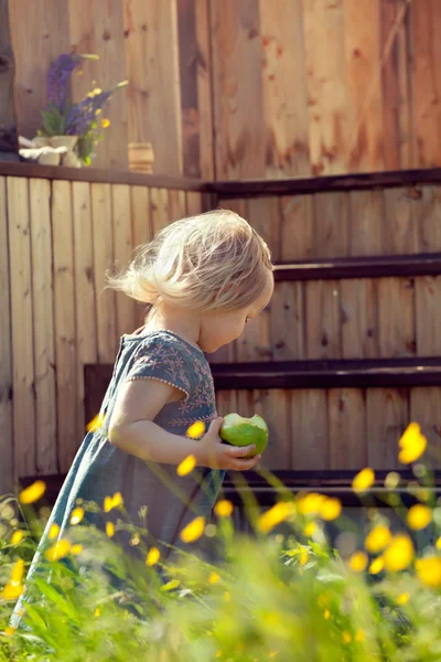 Little girl standing on a country house wooden stairs and holdin