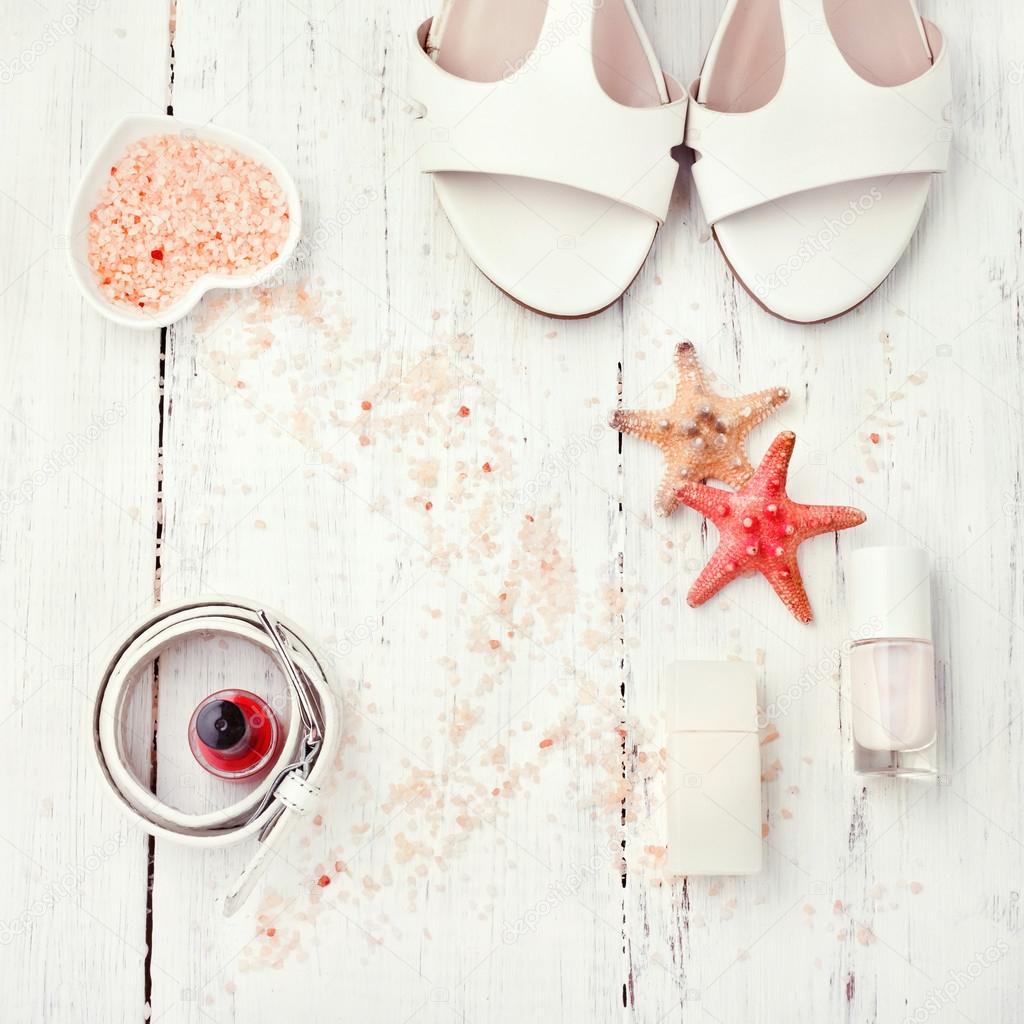 White and coral coloured accessories - sandals, nail polish, bel