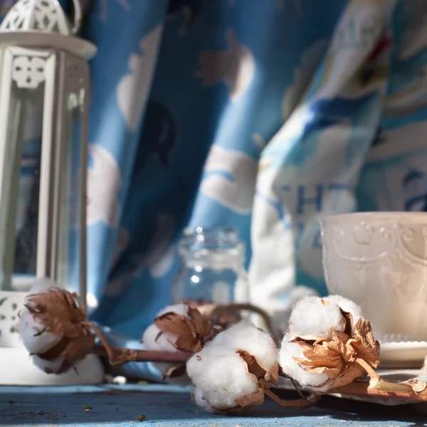 Rama de flores de algodón con una taza de café — Foto de Stock