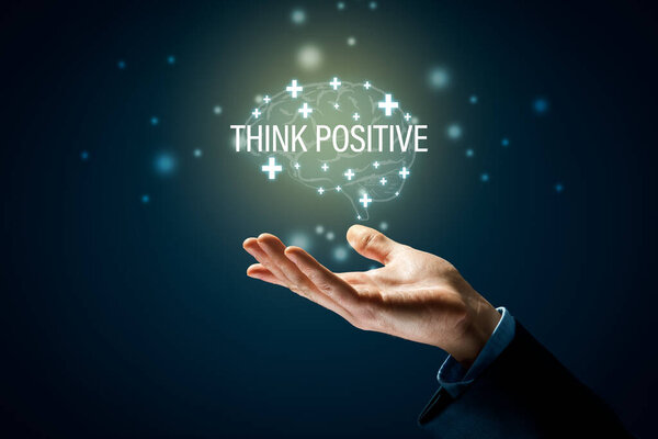 Coach motivate to think positive concept. Businessman helping hand, plus signs in shape of brain and text think positive.