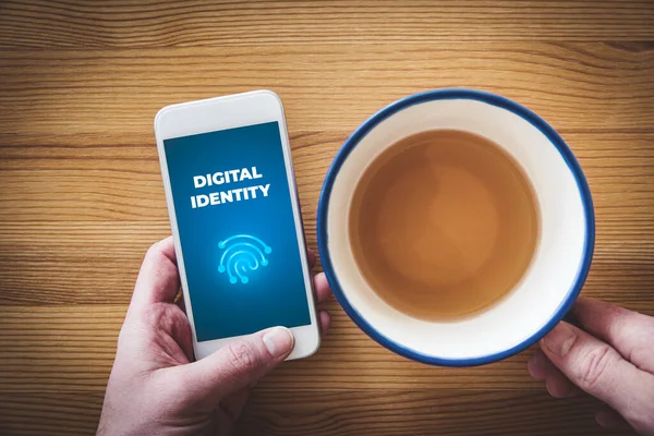 数字身份和银行身份概念 具有文字数字身份和格式化指纹 独特标识和认证符号 平面布局设计的智能电话用户 — 图库照片