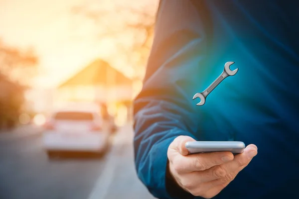 Buscar Servicio Coches Teléfono Inteligente Coche Inteligente Nuevas Tecnologías Concepto — Foto de Stock