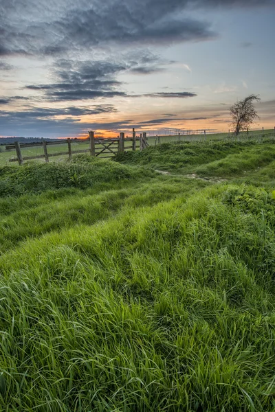 Hermoso paisaje de campo inglés sobre campos al atardecer — Foto de Stock