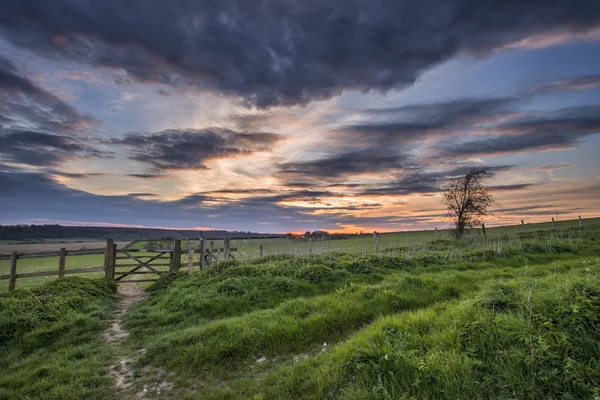 Hermoso paisaje de campo inglés sobre campos al atardecer —  Fotos de Stock