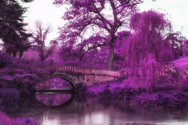 Prachtige infrarood landschap foto van de oude brug over de rivier in co — Stockfoto