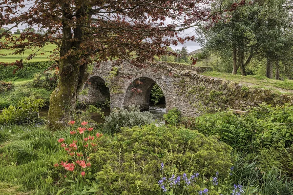 Imagen paisajística del puente medieval en el entorno fluvial en inglés c — Foto de Stock