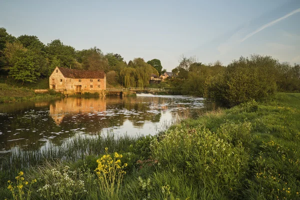 Early morning landscape across River to old water Mill — Stock Photo, Image