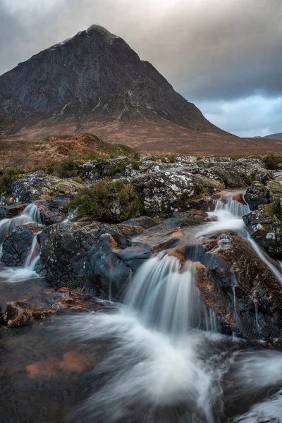 Stunning Landscape Image Buachaille Etive Mor Waterfall Scottish Highlands Winter — Stock Photo, Image