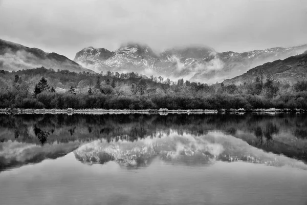 Epic Dramatic Black White Landscape Image Looking River Brathay Lake — Stock Photo, Image