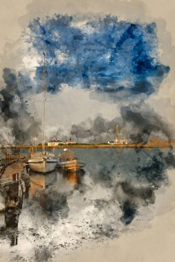 Hurst Spit iskelesinin suluboya resmi, tekneler ve deniz feneri..