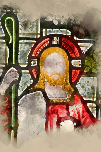 ステンドグラスの宗教的窓の水彩画主は私の羊飼い — ストック写真