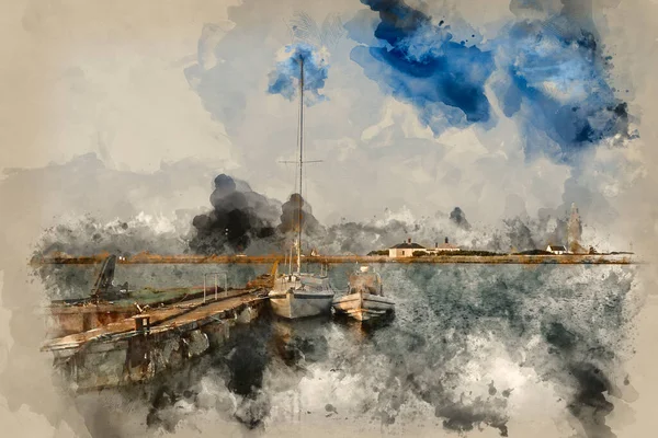 Akvarellmålning Hurst Spit Brygga Båtar Och Fyr — Stockfoto
