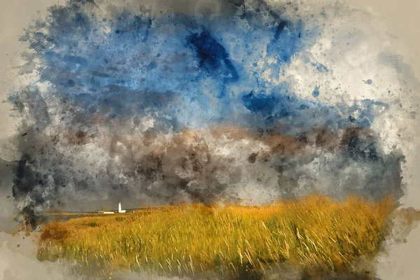 Akvarell Målning Fyr Landskapet Dramatisk Stormig Himmel Solnedgång — Stockfoto
