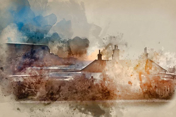 Watercolour Painting Sun Bursts Coastguard Cottages Seaford Head Seven Sisters — Stock Photo, Image