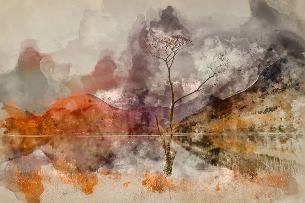 İngiltere 'nin Göl Bölgesi' ndeki Buttermere Gölü 'nün çarpıcı sonbahar manzarasının suluboya resmi 