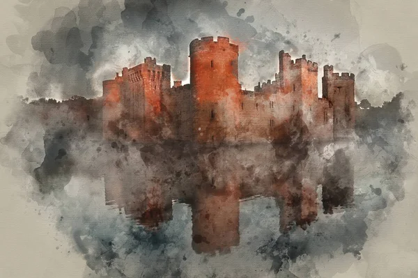 Güzel ortaçağ şatosunun suluboya resmi ve gün doğumunda hendeğin sisi ve kalenin arkasındaki güneş ışığı altında hendek.