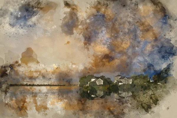狂风暴雨前夕湖水景观上形成的陡峭哺乳动物云彩的数字水彩画 — 图库照片