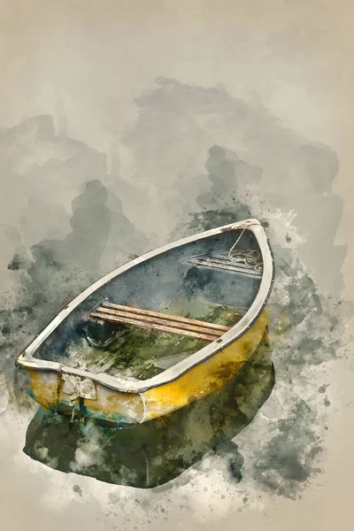 Pintura Acuarela Barco Remos Viejo Desgastado Mar Tranquilo —  Fotos de Stock
