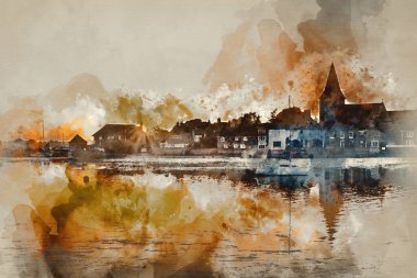 Güzel Yaz Günbatımı 'nın suluboya tablosu Alçak gel-git limanının üzerinde teknelerle 