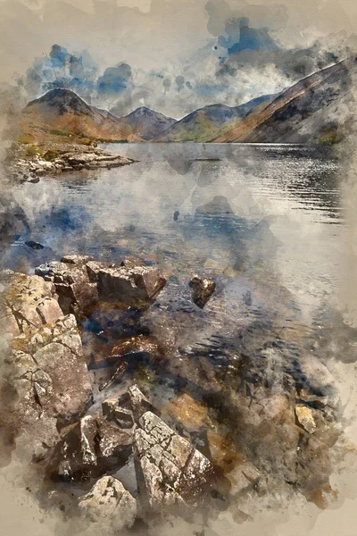 Pintura Acuarela Del Impresionante Paisaje Wast Water Lake District Peaks —  Fotos de Stock