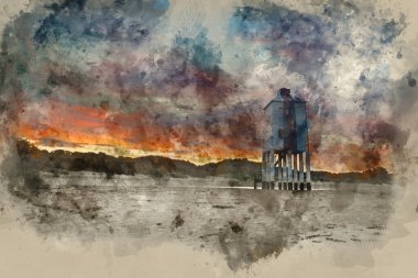 Göz kamaştırıcı manzaranın suluboya resmi Sahilde gündoğumu stili deniz feneri