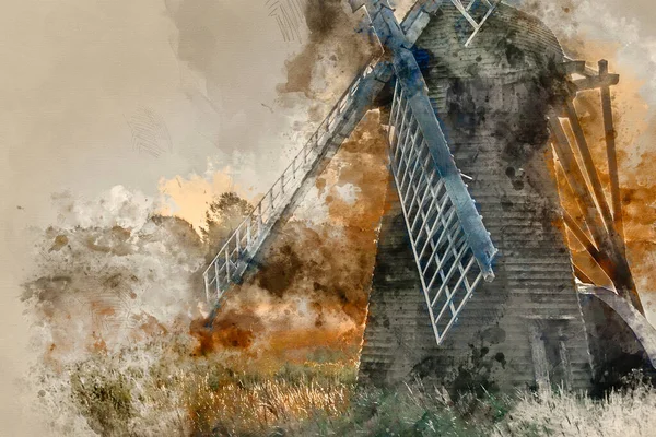 霧の中で古い風車の水彩画英語の田舎の風景 — ストック写真