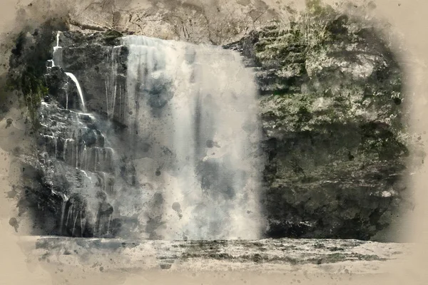 Aquarell Gemälde Von Schöne Wasserfall Landschaft Bild Wald Herbst — Stockfoto