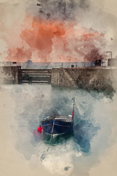 Watercolor Painting Traditional Cornish Fishing Village Sunrise Cornwall England — Foto Stock