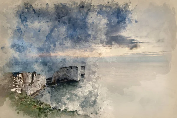 Aquarelverf Schilderij Van Prachtige Klif Formatie Landschap Tijdens Prachtige Zonsopgang — Stockfoto