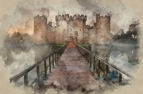 Υδατογραφία Μεσαιωνικού Κάστρου Και Τάφρου Στο Φως Του Πρωινού — Φωτογραφία Αρχείου
