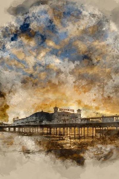 Aquarelverf Schilderij Van Winter Zonsondergang Boven Brighton Pier Aan Zuidkust — Stockfoto